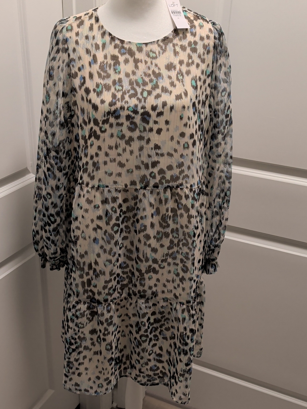 LOFT NWT Size M  Ivory Leopard Print Tiered Long Sleeve Dress with Aqua Accents